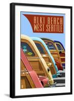 Alki Beach, West Seattle, WA - Woodies Lined Up-Lantern Press-Framed Art Print