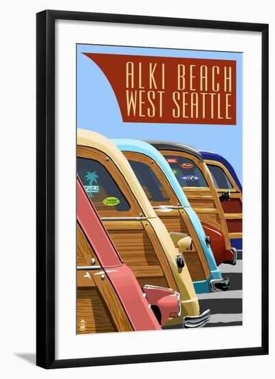 Alki Beach, West Seattle, WA - Woodies Lined Up-Lantern Press-Framed Art Print