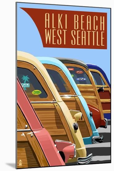 Alki Beach, West Seattle, WA - Woodies Lined Up-Lantern Press-Mounted Art Print