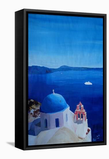 All Blue Santorini Oia Greece With Cruise Ship-Markus Bleichner-Framed Stretched Canvas