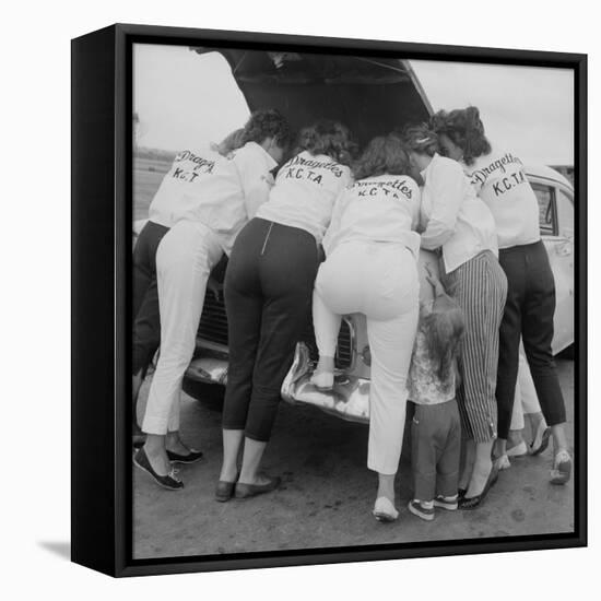 All-Girl "Dragettes" Hotrod Club Working on Car Engine, Kansas City, Kansas, 1959-Francis Miller-Framed Stretched Canvas