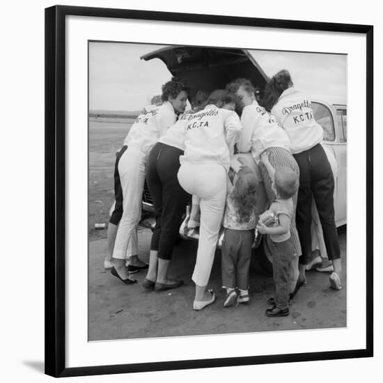 All-Girl "Dragettes" Hotrod Club Working on Car Engine with Children, Kansas City, Kansas, 1959-Francis Miller-Framed Photographic Print