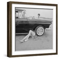 All-Girl "Dragettes" Hotrod Club Working on Car Engine with Children, Kansas City, Kansas, 1959-Francis Miller-Framed Photographic Print