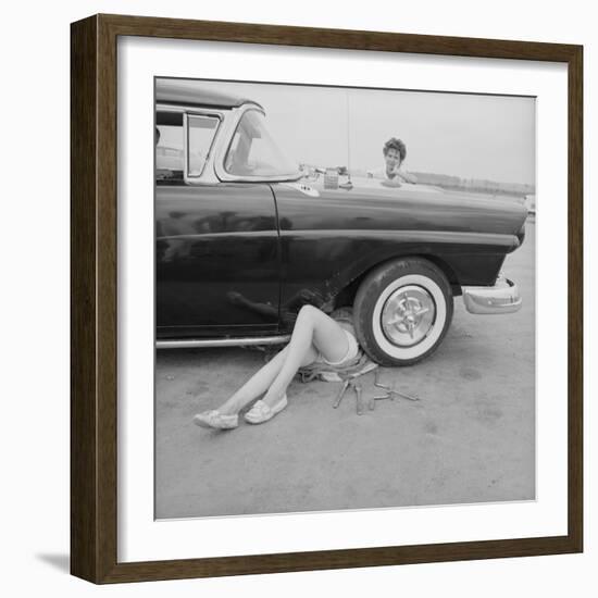 All-Girl "Dragettes" Hotrod Club Working on Car Engine with Children, Kansas City, Kansas, 1959-Francis Miller-Framed Photographic Print