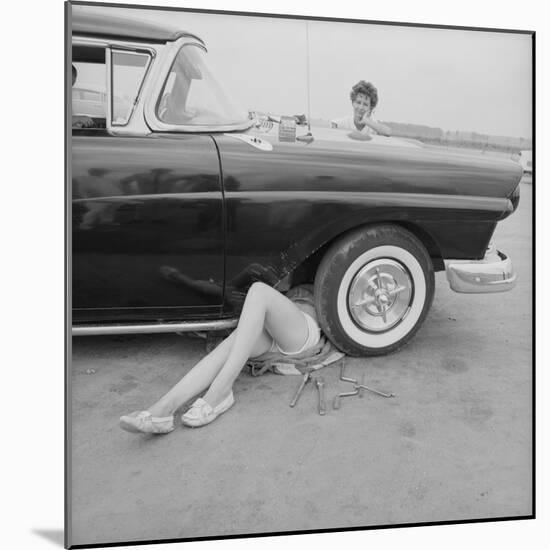 All-Girl "Dragettes" Hotrod Club Working on Car Engine with Children, Kansas City, Kansas, 1959-Francis Miller-Mounted Photographic Print