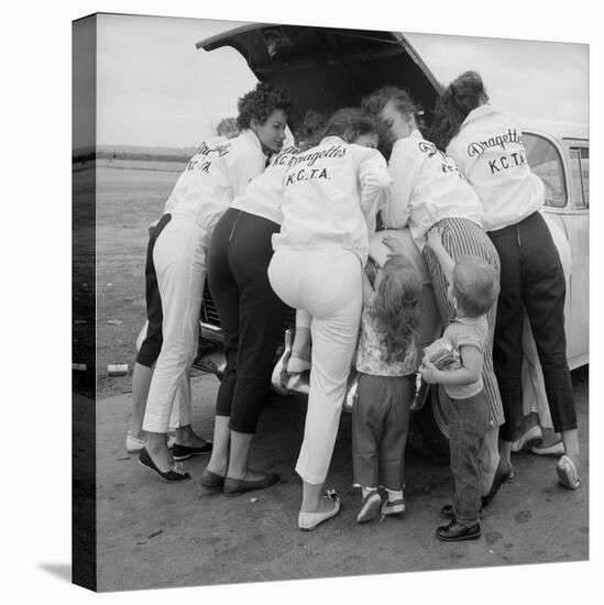 All-Girl "Dragettes" Hotrod Club Working on Car Engine with Children, Kansas City, Kansas, 1959-Francis Miller-Stretched Canvas