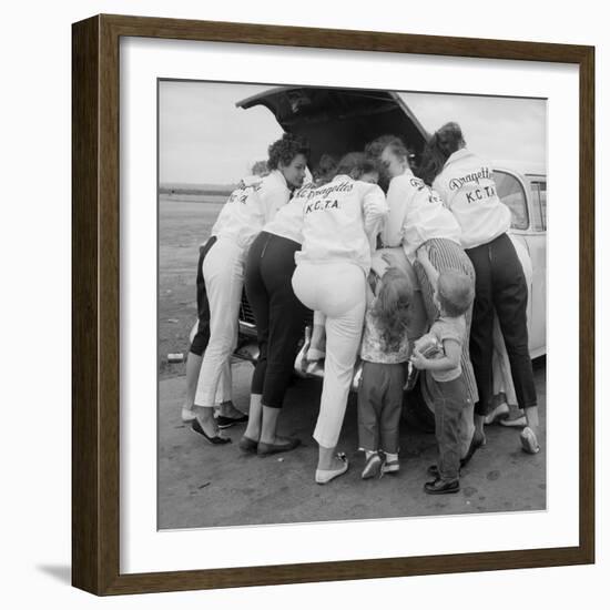 All-Girl "Dragettes" Hotrod Club Working on Car Engine with Children, Kansas City, Kansas, 1959-Francis Miller-Framed Photographic Print