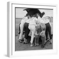 All-Girl "Dragettes" Hotrod Club Working on Car Engine with Children, Kansas City, Kansas, 1959-Francis Miller-Framed Photographic Print