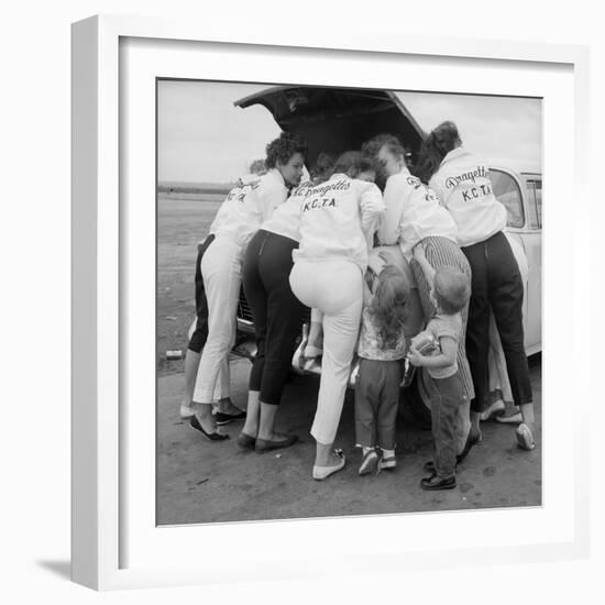 All-Girl "Dragettes" Hotrod Club Working on Car Engine with Children, Kansas City, Kansas, 1959-Francis Miller-Framed Photographic Print