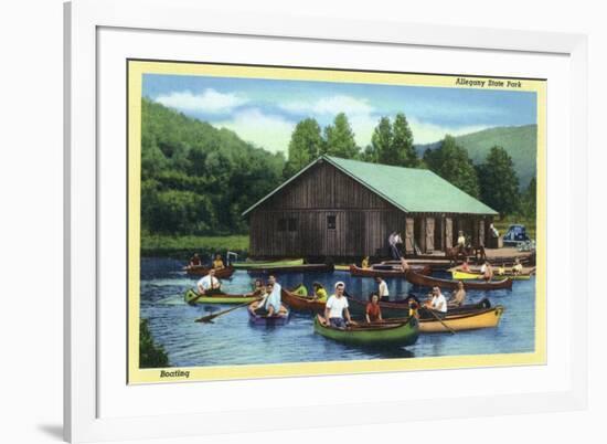 Allegany State Park, New York - View of Tourists Canoeing by the Boat House-Lantern Press-Framed Premium Giclee Print