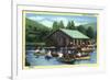 Allegany State Park, New York - View of Tourists Canoeing by the Boat House-Lantern Press-Framed Premium Giclee Print