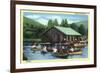 Allegany State Park, New York - View of Tourists Canoeing by the Boat House-Lantern Press-Framed Premium Giclee Print