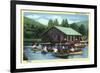 Allegany State Park, New York - View of Tourists Canoeing by the Boat House-Lantern Press-Framed Premium Giclee Print