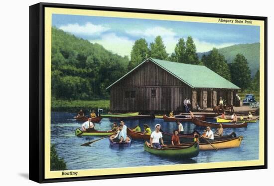 Allegany State Park, New York - View of Tourists Canoeing by the Boat House-Lantern Press-Framed Stretched Canvas