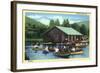 Allegany State Park, New York - View of Tourists Canoeing by the Boat House-Lantern Press-Framed Art Print