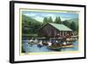 Allegany State Park, New York - View of Tourists Canoeing by the Boat House-Lantern Press-Framed Art Print