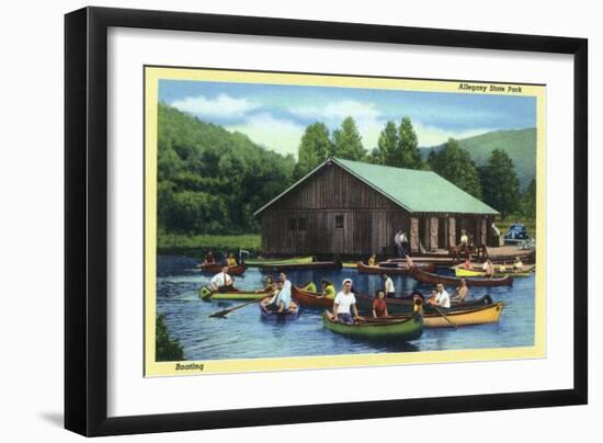 Allegany State Park, New York - View of Tourists Canoeing by the Boat House-Lantern Press-Framed Art Print