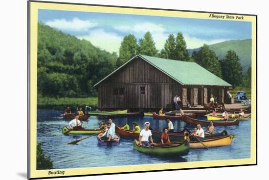 Allegany State Park, New York - View of Tourists Canoeing by the Boat House-Lantern Press-Mounted Art Print