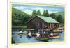 Allegany State Park, New York - View of Tourists Canoeing by the Boat House-Lantern Press-Framed Art Print