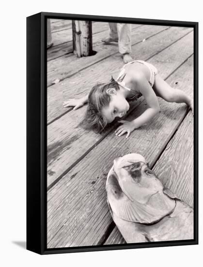 Allen Cook's Daughter Looking at the Open Mouth of a Just Caught, Giant Fish-Alfred Eisenstaedt-Framed Stretched Canvas