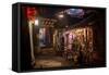 Alley at Night with Tibetan Style Hostel and Motorcycle in Lijiang Old Town, Lijiang, Yunnan-Andreas Brandl-Framed Stretched Canvas