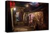 Alley at Night with Tibetan Style Hostel and Motorcycle in Lijiang Old Town, Lijiang, Yunnan-Andreas Brandl-Stretched Canvas