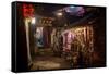Alley at Night with Tibetan Style Hostel and Motorcycle in Lijiang Old Town, Lijiang, Yunnan-Andreas Brandl-Framed Stretched Canvas
