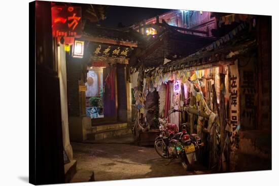 Alley at Night with Tibetan Style Hostel and Motorcycle in Lijiang Old Town, Lijiang, Yunnan-Andreas Brandl-Stretched Canvas
