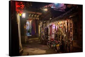 Alley at Night with Tibetan Style Hostel and Motorcycle in Lijiang Old Town, Lijiang, Yunnan-Andreas Brandl-Stretched Canvas