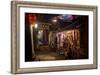 Alley at Night with Tibetan Style Hostel and Motorcycle in Lijiang Old Town, Lijiang, Yunnan-Andreas Brandl-Framed Photographic Print
