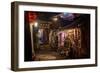 Alley at Night with Tibetan Style Hostel and Motorcycle in Lijiang Old Town, Lijiang, Yunnan-Andreas Brandl-Framed Photographic Print