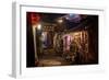 Alley at Night with Tibetan Style Hostel and Motorcycle in Lijiang Old Town, Lijiang, Yunnan-Andreas Brandl-Framed Photographic Print