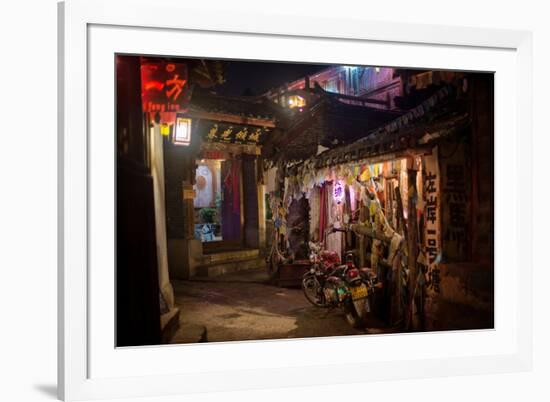 Alley at Night with Tibetan Style Hostel and Motorcycle in Lijiang Old Town, Lijiang, Yunnan-Andreas Brandl-Framed Photographic Print