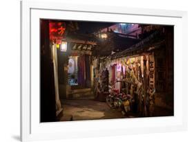 Alley at Night with Tibetan Style Hostel and Motorcycle in Lijiang Old Town, Lijiang, Yunnan-Andreas Brandl-Framed Photographic Print