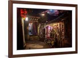 Alley at Night with Tibetan Style Hostel and Motorcycle in Lijiang Old Town, Lijiang, Yunnan-Andreas Brandl-Framed Photographic Print