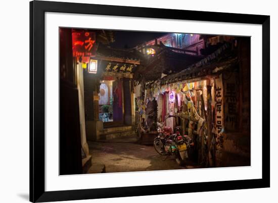 Alley at Night with Tibetan Style Hostel and Motorcycle in Lijiang Old Town, Lijiang, Yunnan-Andreas Brandl-Framed Photographic Print