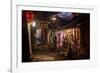 Alley at Night with Tibetan Style Hostel and Motorcycle in Lijiang Old Town, Lijiang, Yunnan-Andreas Brandl-Framed Photographic Print