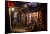 Alley at Night with Tibetan Style Hostel and Motorcycle in Lijiang Old Town, Lijiang, Yunnan-Andreas Brandl-Mounted Photographic Print