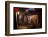 Alley at Night with Tibetan Style Hostel and Motorcycle in Lijiang Old Town, Lijiang, Yunnan-Andreas Brandl-Framed Photographic Print