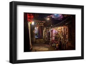 Alley at Night with Tibetan Style Hostel and Motorcycle in Lijiang Old Town, Lijiang, Yunnan-Andreas Brandl-Framed Photographic Print