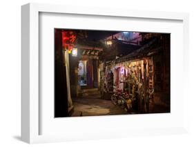 Alley at Night with Tibetan Style Hostel and Motorcycle in Lijiang Old Town, Lijiang, Yunnan-Andreas Brandl-Framed Photographic Print