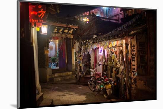 Alley at Night with Tibetan Style Hostel and Motorcycle in Lijiang Old Town, Lijiang, Yunnan-Andreas Brandl-Mounted Photographic Print