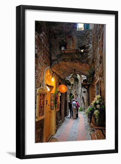 Alley in the Old Town with Flower Arrangements on occasion of the Flower Festival in Dolceacqua-null-Framed Art Print