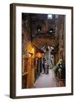 Alley in the Old Town with Flower Arrangements on occasion of the Flower Festival in Dolceacqua-null-Framed Art Print