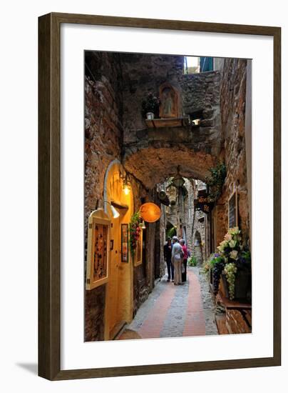 Alley in the Old Town with Flower Arrangements on occasion of the Flower Festival in Dolceacqua-null-Framed Art Print