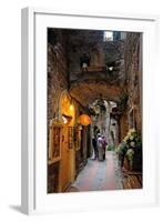 Alley in the Old Town with Flower Arrangements on occasion of the Flower Festival in Dolceacqua-null-Framed Art Print