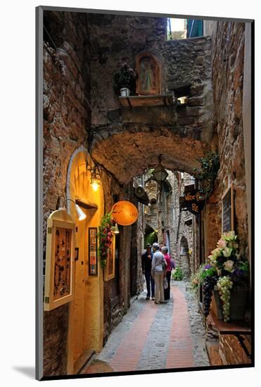 Alley in the Old Town with Flower Arrangements on occasion of the Flower Festival in Dolceacqua-null-Mounted Art Print