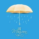 Beautiful Glossy Golden Umbrella on Raindrops Decorated Blue Background for Happy Monsoon Season.-Allies Interactive-Art Print