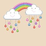 Monsoon Season Background with Happy Clouds, Rainbow and Colorful Water Drops. Kiddish Concept.-Allies Interactive-Art Print