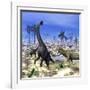 Allosaurus Dinosaurs Attacking a Brachiosaurus in the Desert-Stocktrek Images-Framed Art Print